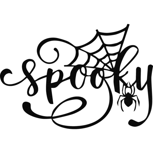 Black 'Spooky' text with a spider web and spider on a white background
