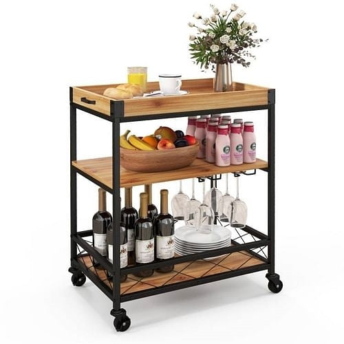 Modern Metal Wood Shelf Kitchen Serving Bar Cart with Removable Top | Kitchen + Metal
