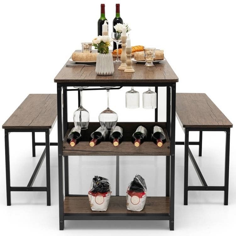 Modern Industrial 3-Piece Metal Wood Dining Set with 2 Benches | Kitchen + Metal