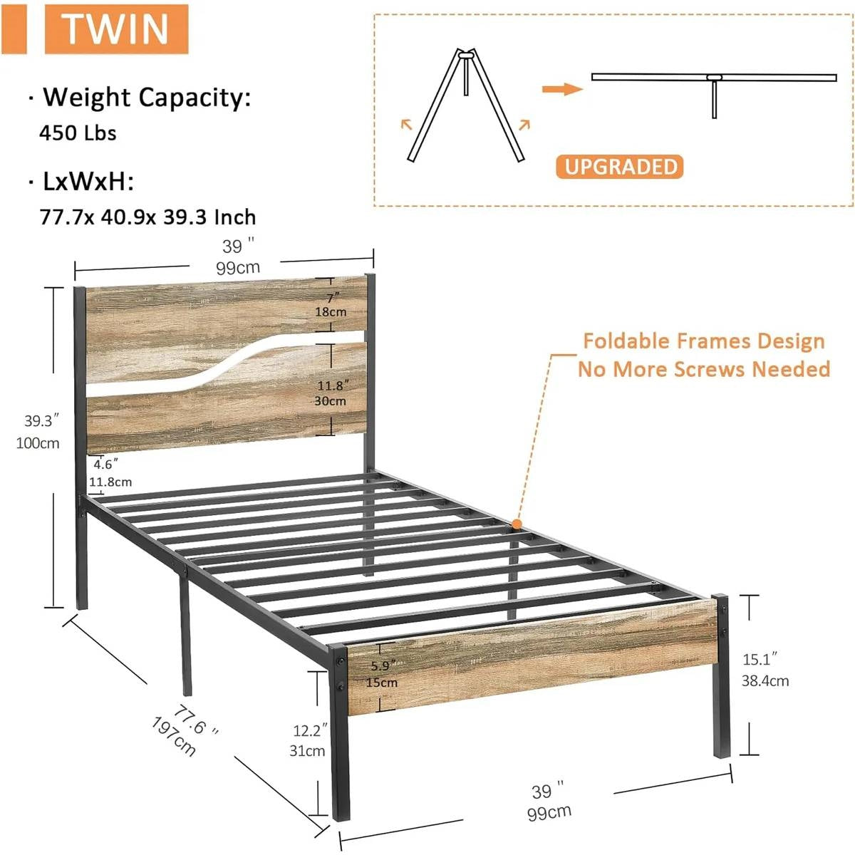 Twin Industrial Farmhouse Rustic Wood / Metal Platform Bed Frame with Headboard
