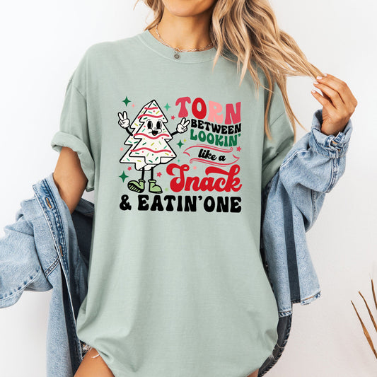 Torn Between Looking Like A Snack And Eating One, Christmas Cakes, Santa, Winter, Xmas Tshirt Comfort Colors T-Shirt