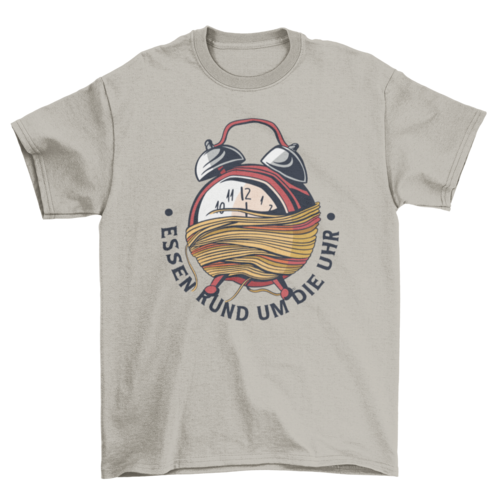 Spaghetticlock with quote in German "Food Round the Clock" T-shirt | Apparel | Under $100 | Kitchen + Metal