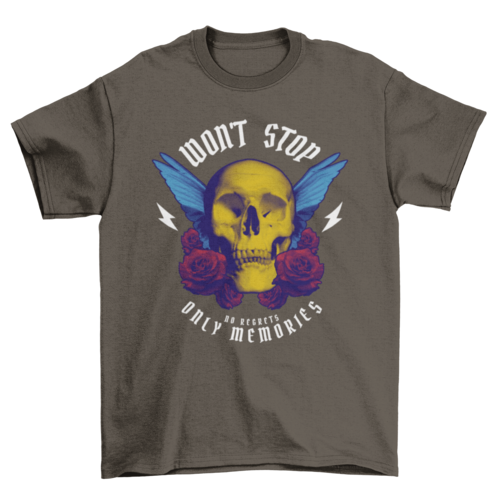 Cool Winged skull natural Flower roses quote "Won't stop. No regrets" | Binge T-shirt Shop
