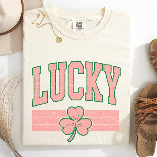 Vintage Lucky, Collegiate, Varsity, Stripes, St Patrick's Day, Shamrock, Clover, Lucky, Leprechaun Tshirt Comfort Colors T-Shirt