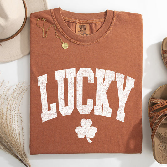 Vintage Lucky, Collegiate, Varsity, St Patrick's Day, Shamrock, Clover, Lucky, Leprechaun Tshirt Comfort Colors T-Shirt