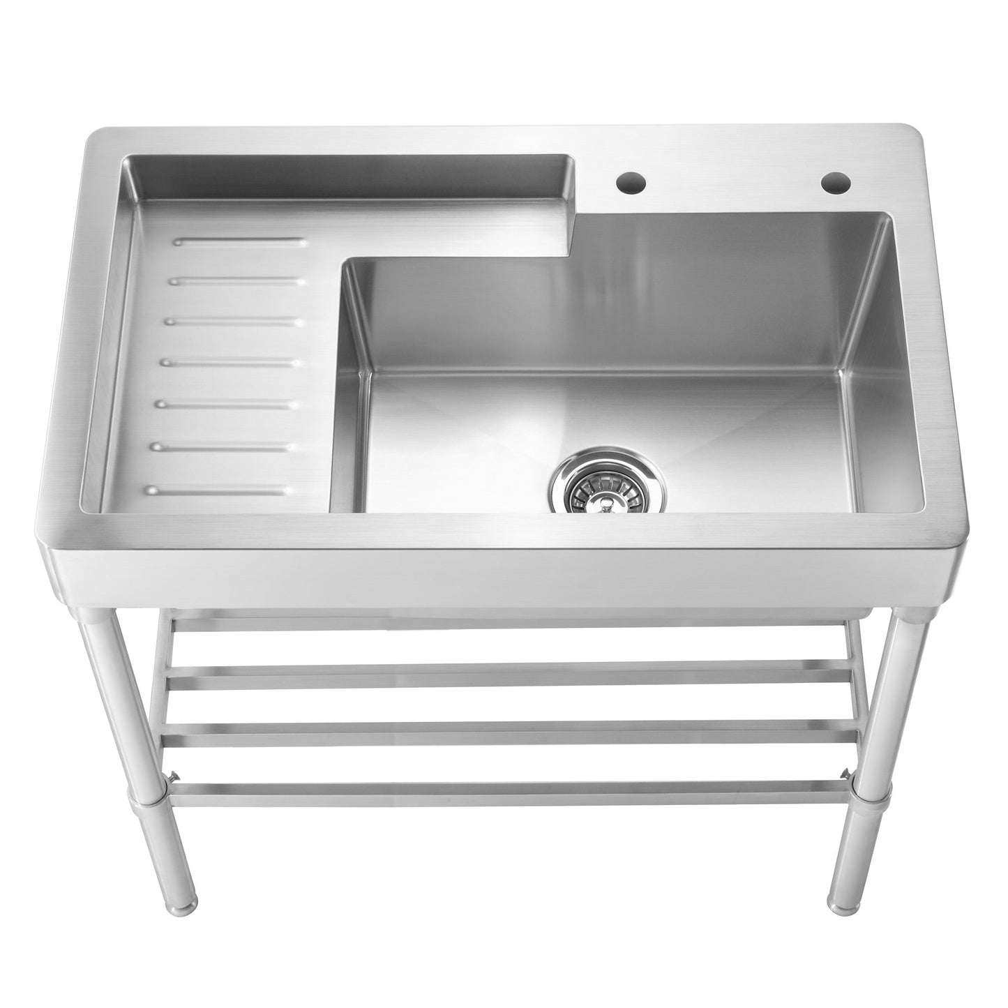 Pearlhaus Brushed Stainless Steel Single Bowl, Freestanding Utility Sink with Drainboard and Lower Rack