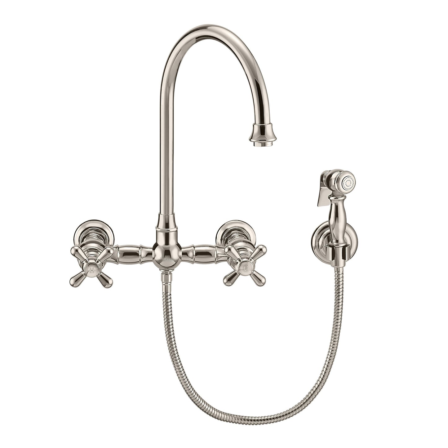 Vintage III Plus Wall Mount Faucet with a Long Gooseneck Swivel Spout, Cross Handles and Solid Brass Side Spray