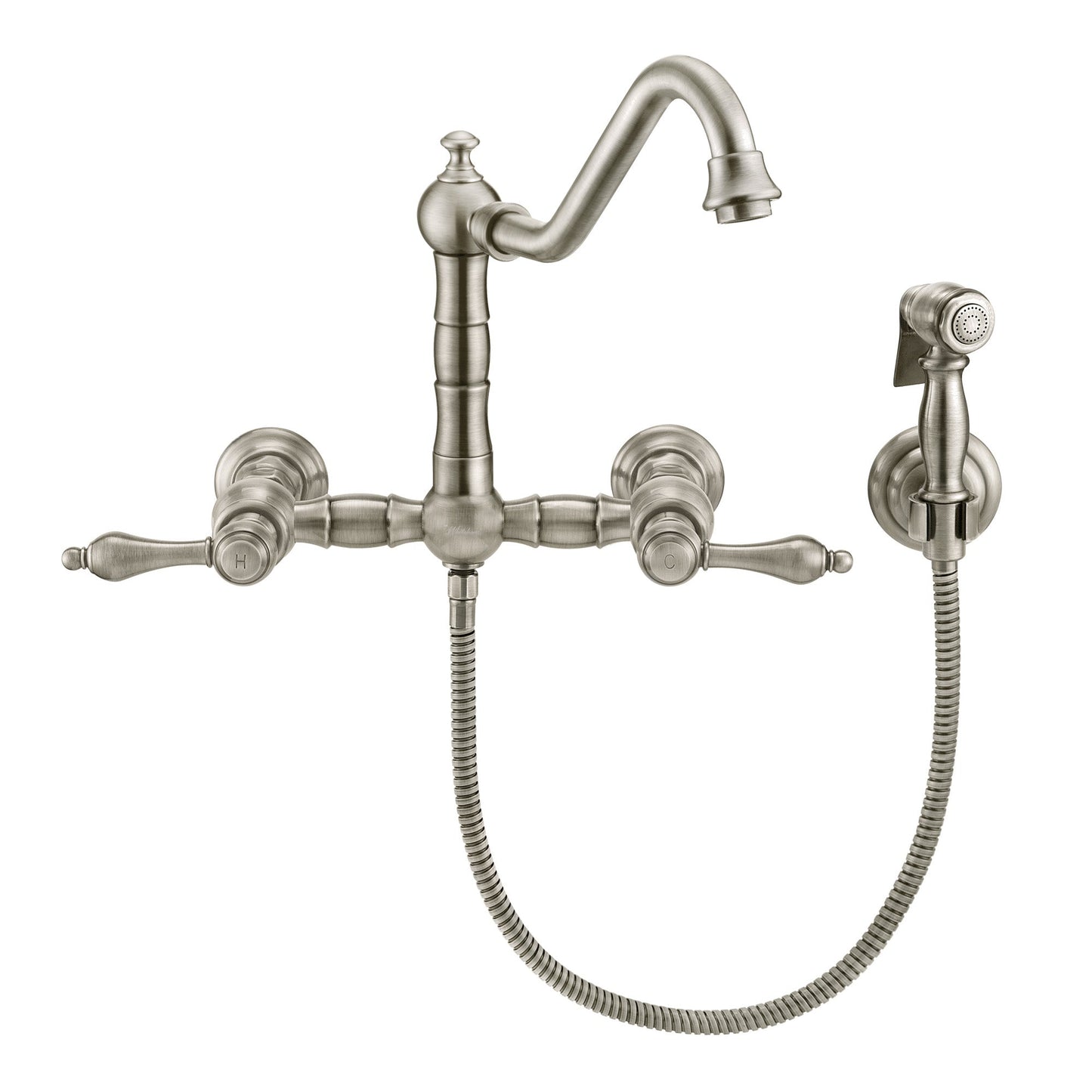 Vintage III Plus Wall Mount Faucet with a Long Traditional Swivel Spout, Lever Handles and Solid Brass Side Spray