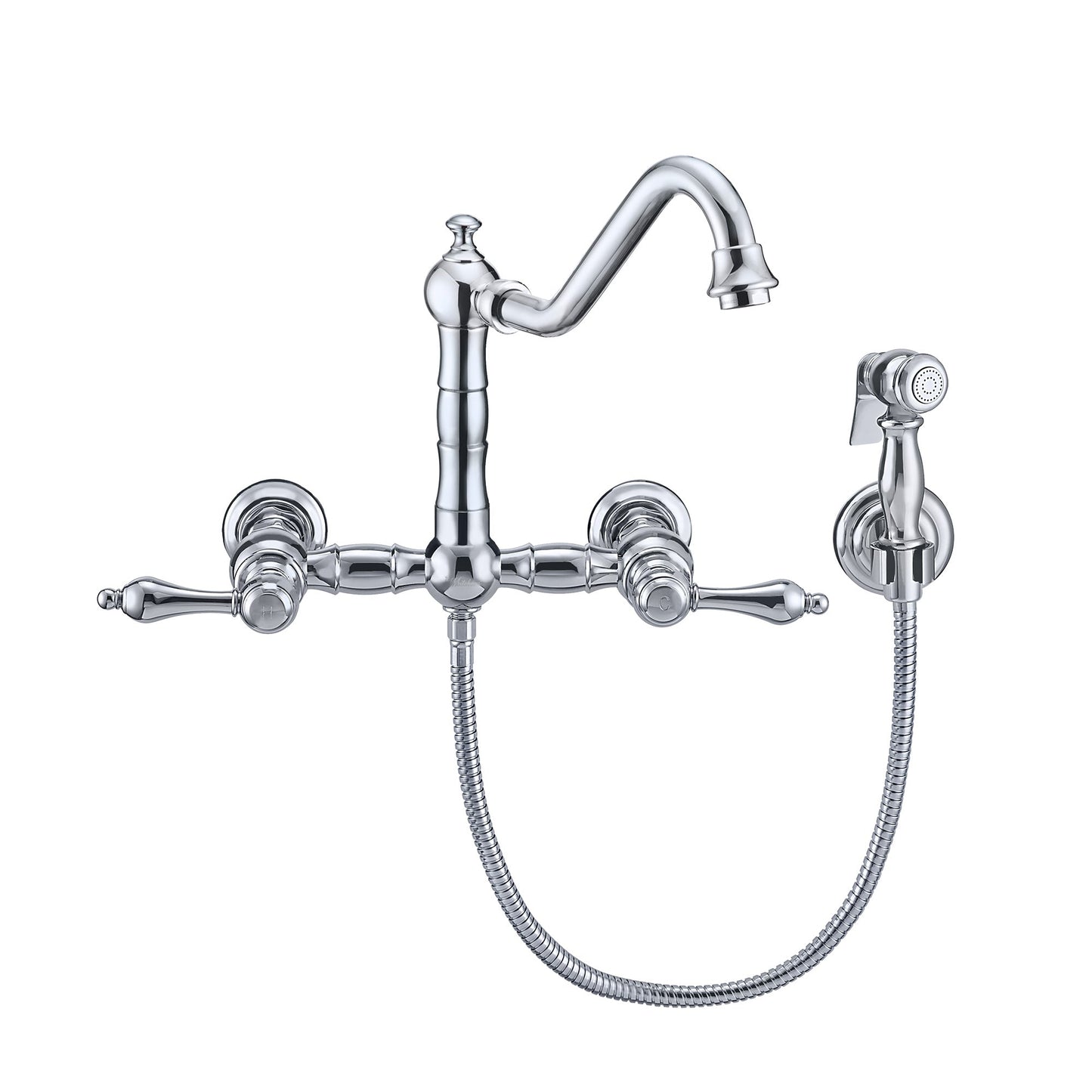 Vintage III Plus Wall Mount Faucet with a Long Traditional Swivel Spout, Lever Handles and Solid Brass Side Spray