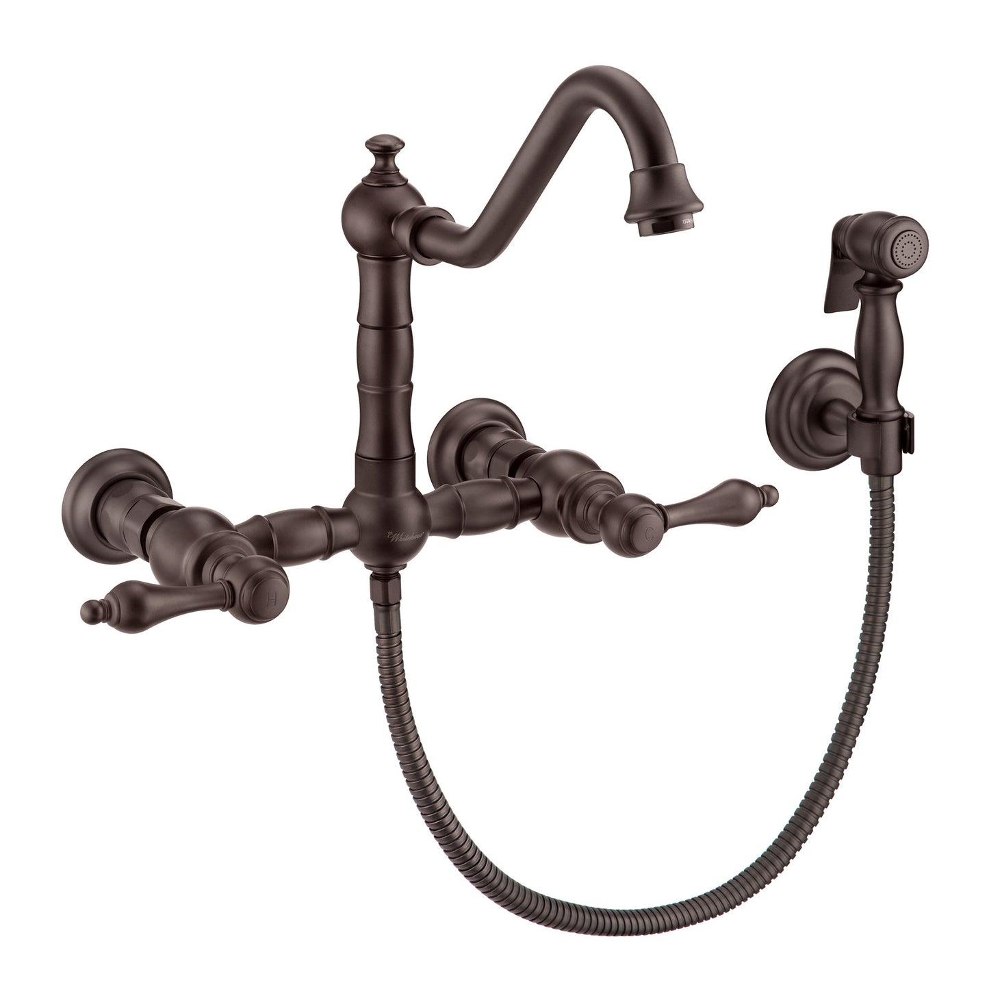 Vintage III Plus Wall Mount Faucet with a Long Traditional Swivel Spout, Lever Handles and Solid Brass Side Spray