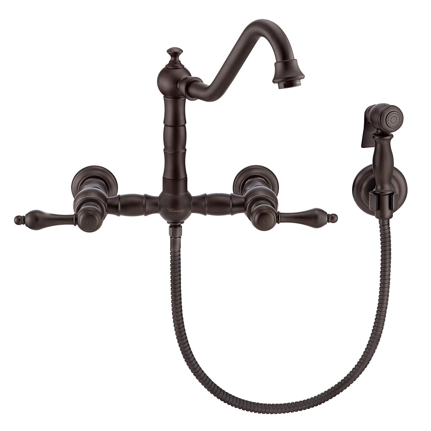 Vintage III Plus Wall Mount Faucet with a Long Traditional Swivel Spout, Lever Handles and Solid Brass Side Spray
