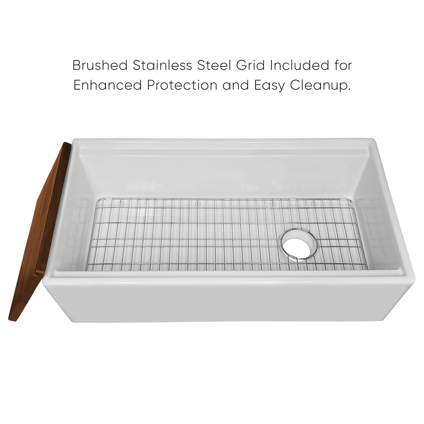 Whitehaus Collection 36" Reversible Single Bowl Fireclay Sink Set with a Smooth Front Apron, Walnut Wood Cutting Board and Stainless Steel Grid