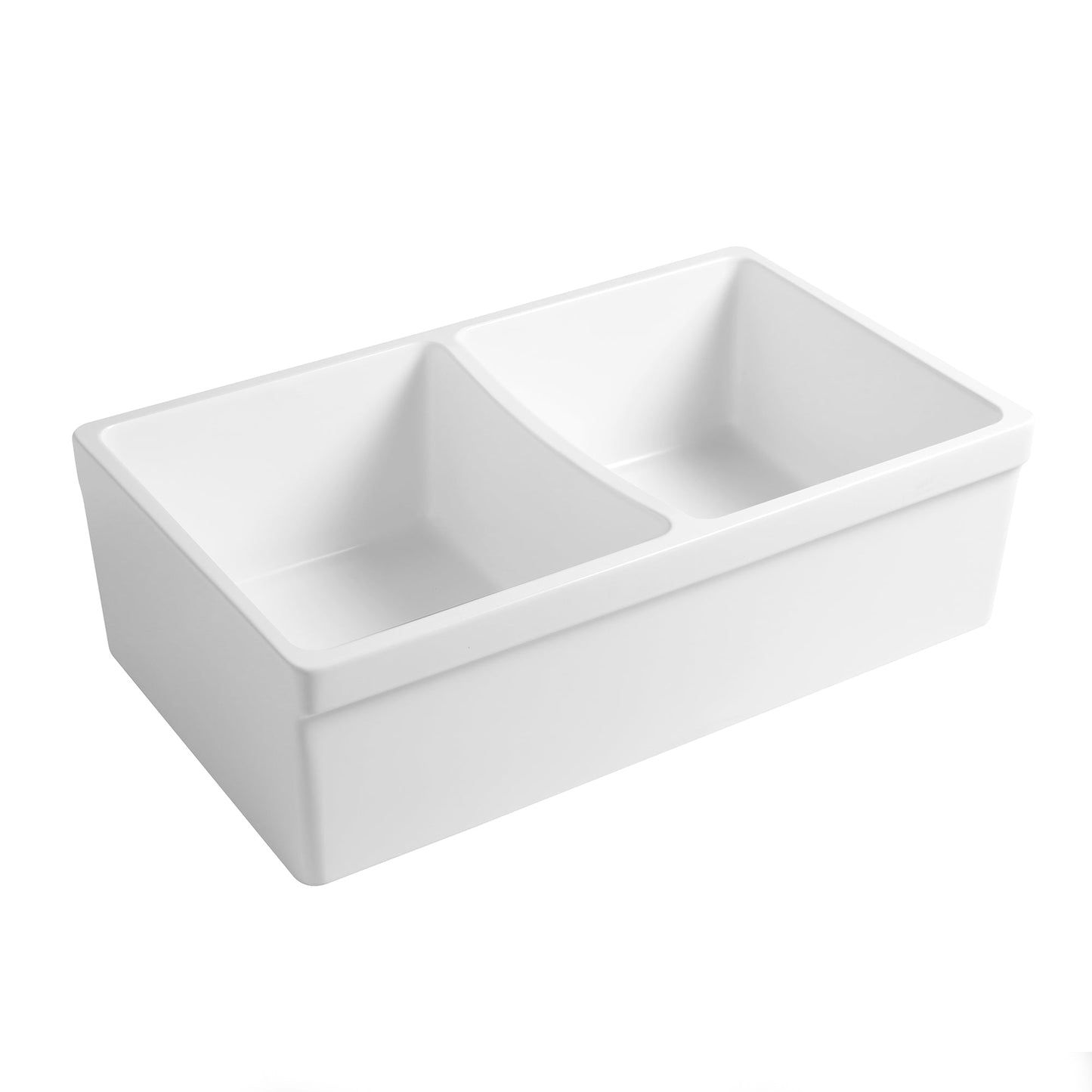 Farmhaus Quatro Alcove Reversible Matte Double Bowl Fireclay Kitchen Sink with Fluted 2" Lip Front Apron on one Side and a 2 ½" Lip Plain on the Opposite Side