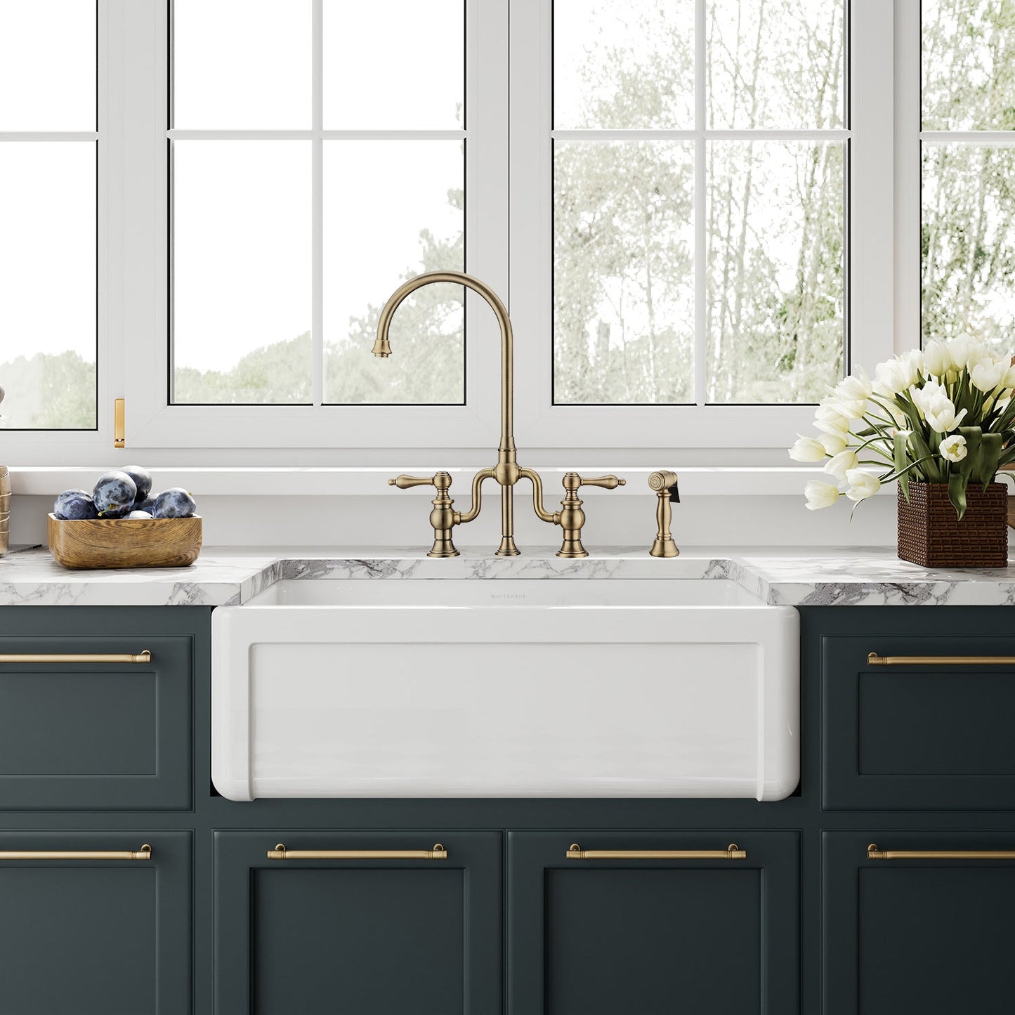 Whitehaus Collection 30" Reversible Single Bowl Fireclay Kitchen Sink with Grid: Three Edge Frame, Plain Front Apron