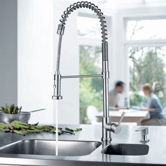 Waterhaus Lead Free, Solid Stainless Steel Commerical Single-Hole Faucet with Flexible Pull Down Spray Head, Swivel Spout Support Bar and Solid Lever Handle