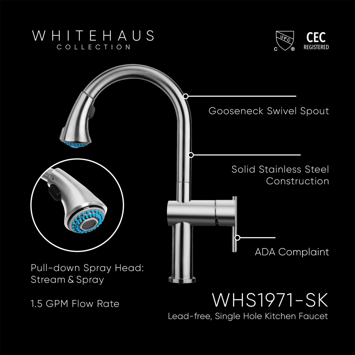 Waterhaus Lead Free, Solid Stainless Steel Single-Hole Faucet with Gooseneck Swivel Spout Pull Down Spray Head and Solid Lever Handle