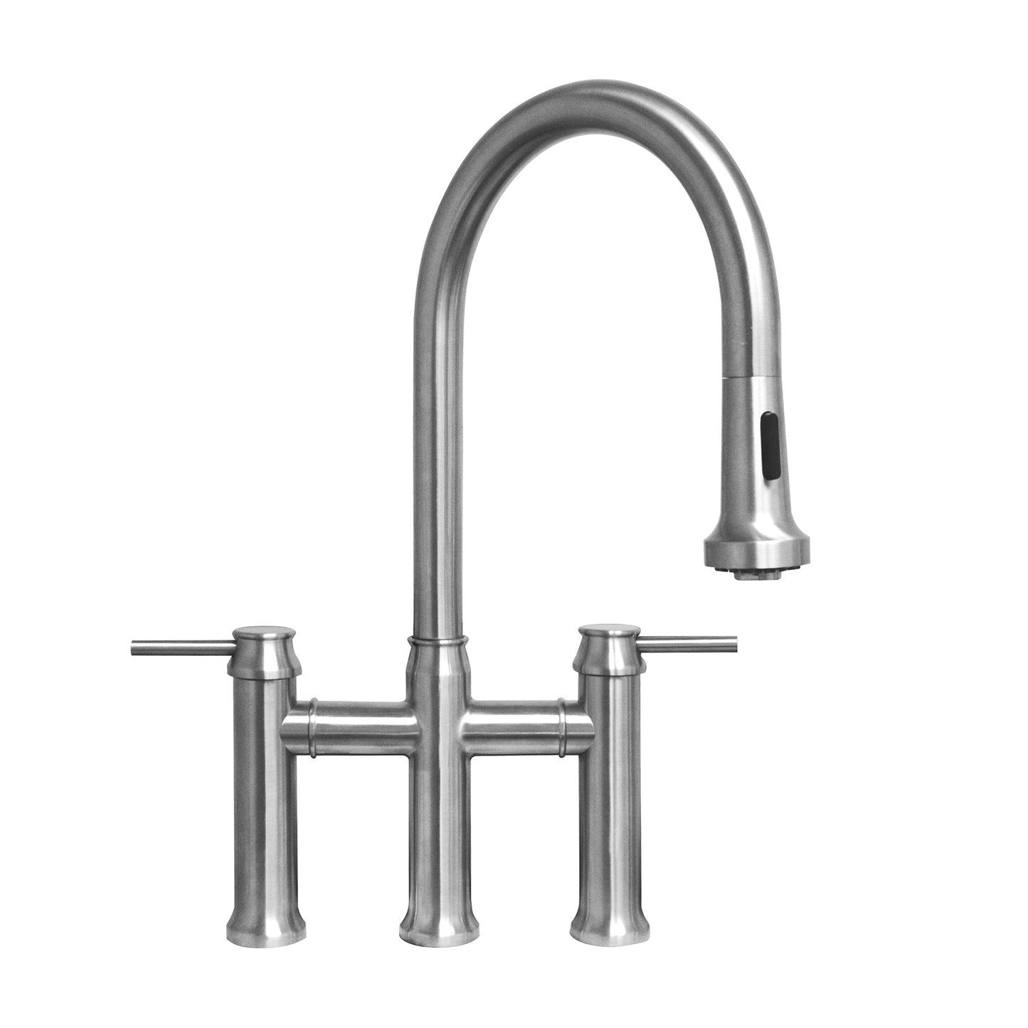 Waterhaus Lead-Free Solid Stainless Steel Bridge Faucet with a Gooseneck Swivel Spout, Pull Down Spray Head and Solid Lever Handles