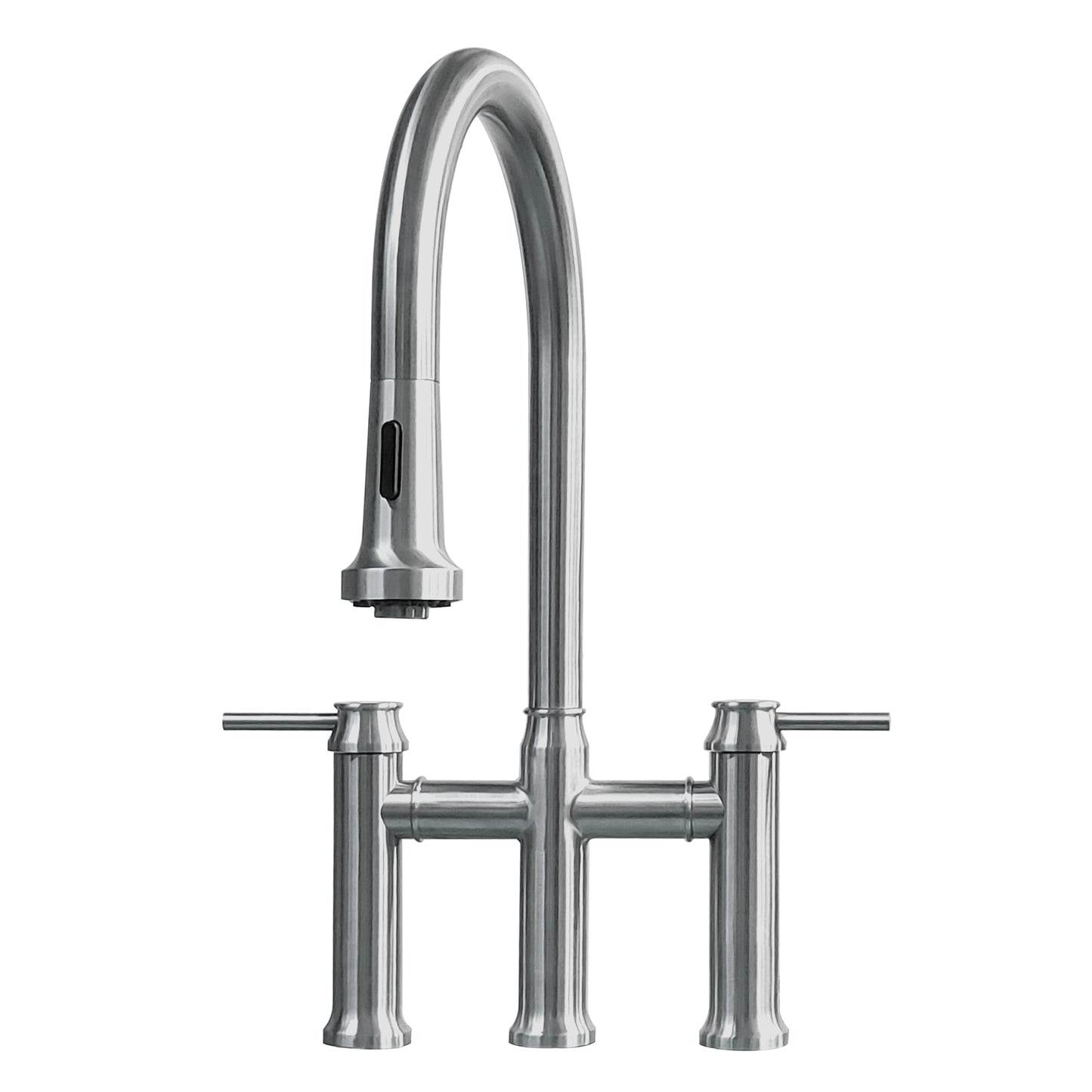Waterhaus Lead-Free Solid Stainless Steel Bridge Faucet with a Gooseneck Swivel Spout, Pull Down Spray Head and Solid Lever Handles