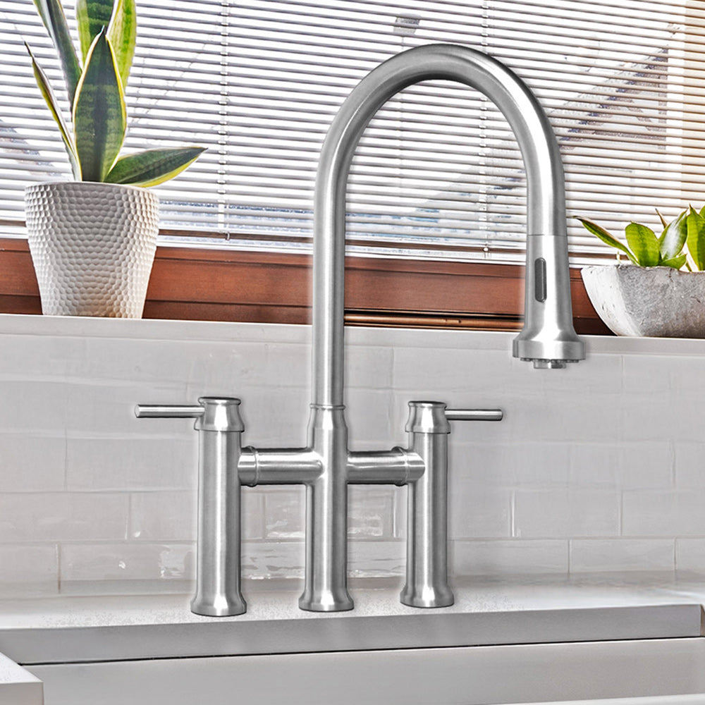 Waterhaus Lead-Free Solid Stainless Steel Bridge Faucet with a Gooseneck Swivel Spout, Pull Down Spray Head and Solid Lever Handles