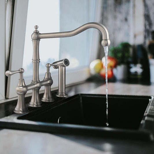 Waterhaus Lead-Free Solid Stainless Steel Bridge Faucet with a Traditional Spout, Lever Handles and Side Spray