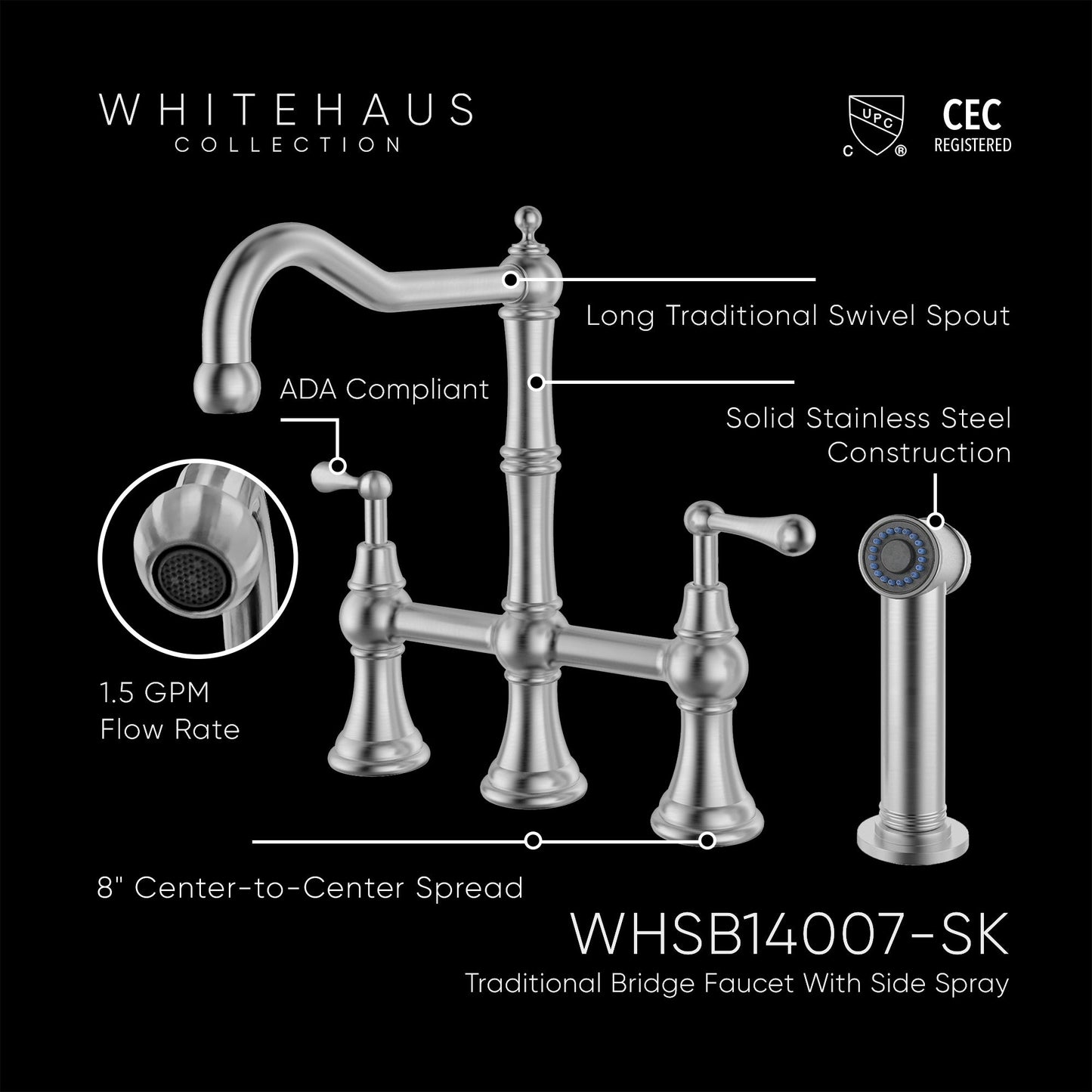 Waterhaus Lead-Free Solid Stainless Steel Bridge Faucet with a Traditional Spout, Lever Handles and Side Spray