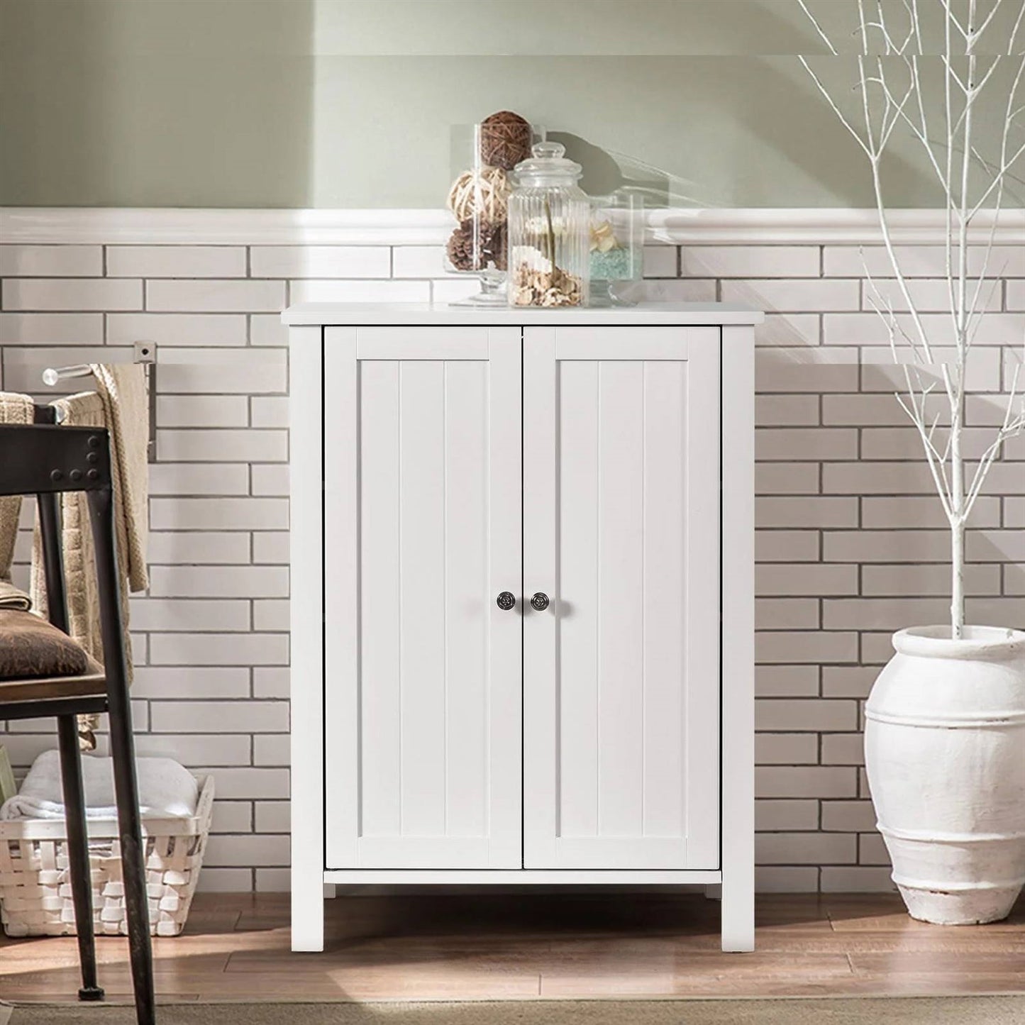 Bathroom Storage Cabinet with Adjustable Shelves in White Wood Finish