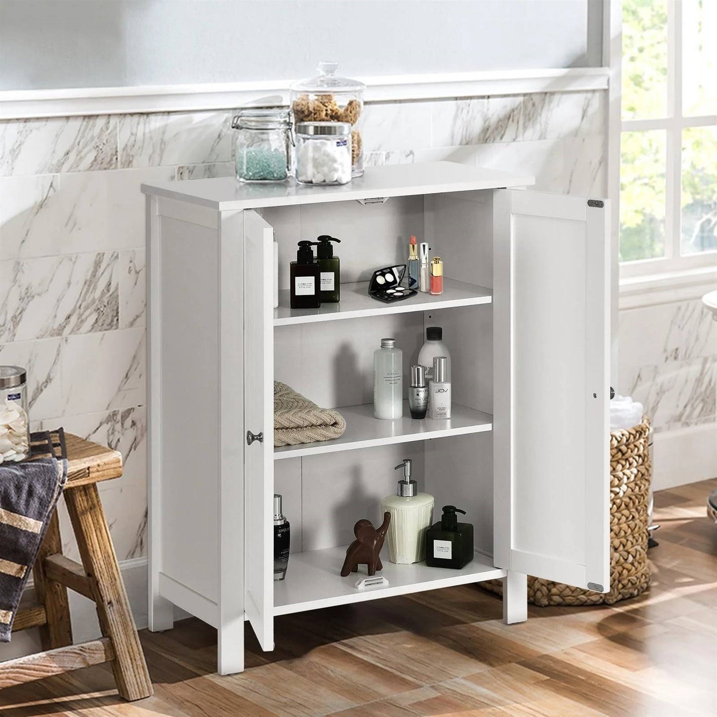 Bathroom Storage Cabinet with Adjustable Shelves in White Wood Finish