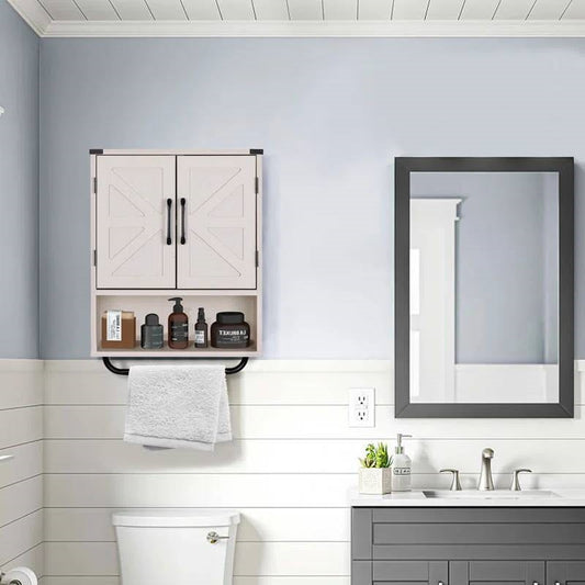 White Farmhouse Bathroom Wall Cabinet with Storage Shelf and Towel Bar