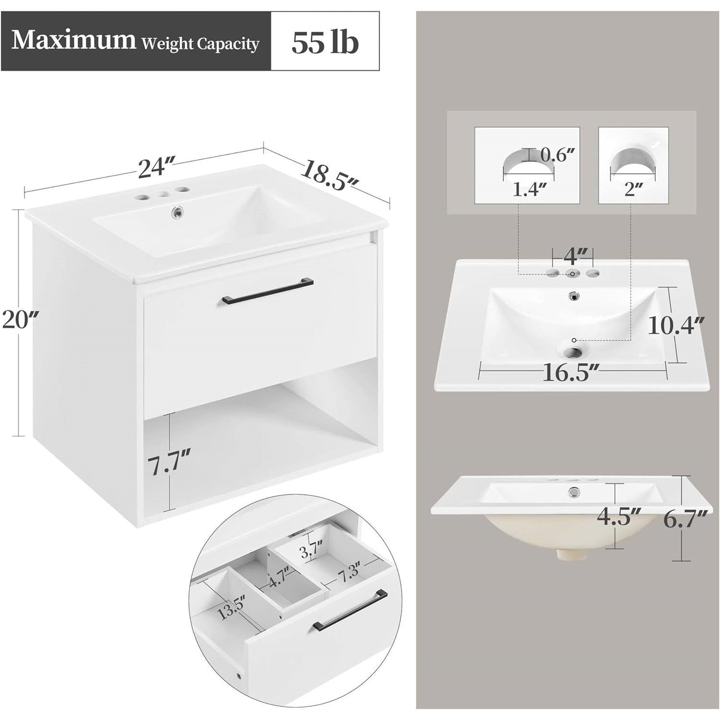 Modern Wall Mounted Bathroom Vanity in White Wood Finish with Ceramic Sink