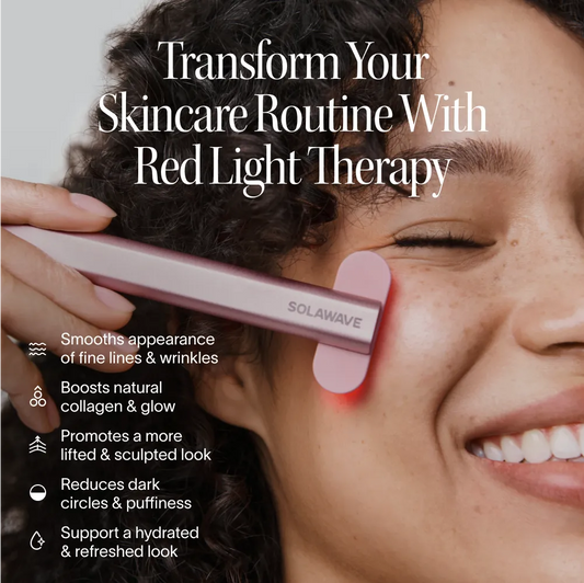 Person using a red light therapy device on their face with text highlighting benefits.