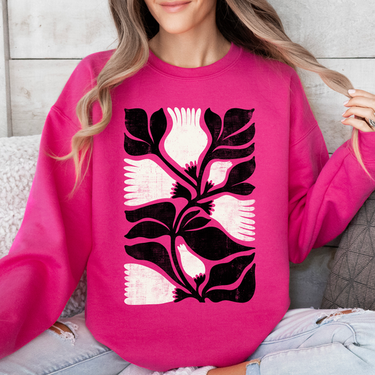White Petal Flower and Black Leaf, Vintage Boho, Nature Sweatshirt