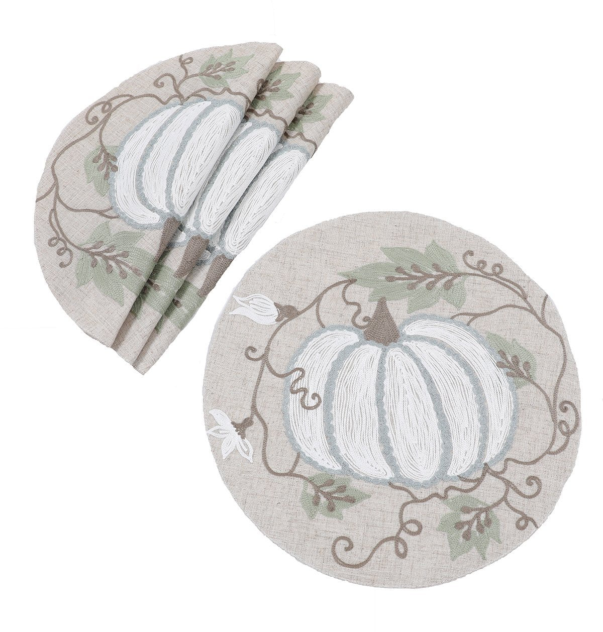 XD19806-Harvest Pumpkins And Vines Crewel Embroidered Fall Placemats