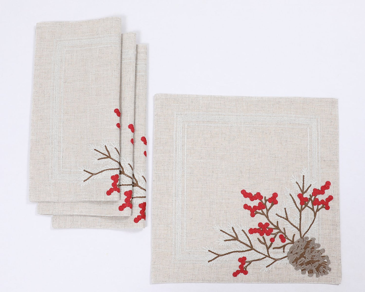 XD19811-Christmas Pine Cone Crewel Embroidered Placemats 16 by 16-Inch