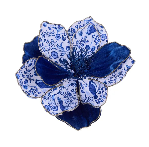 7"DIA X 4.5"H GLTTR/VELVET MAGNOLIA WHITE/MULTI BLUE