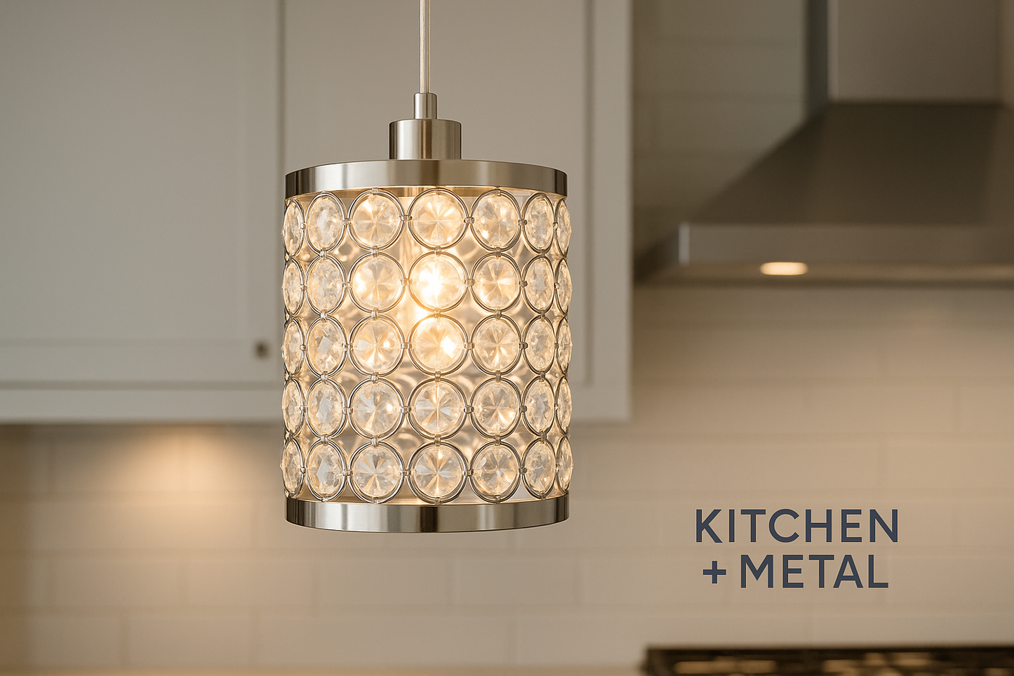 A crystal pendant lamp with metallic accents displayed against a modern kitchen background, featuring the Kitchen + Metal branding. The lamp's crystal elements create a warm, elegant glow that highlights the sophisticated blend of kitchen elements and metallic finishes, perfectly representing the Kitchen + Metal aesthetic.