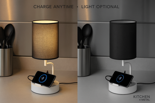 A split-screen image showing a cordless table lamp in both ON and OFF states, with a smartphone charging at the base in both scenarios. The left side displays the lamp with a warm, inviting glow while the right shows it powered off. Text overlay reads "CHARGE ANYTIME - LIGHT OPTIONAL" with the Kitchen + Metal logo in the corner. The modern kitchen backdrop features subtle metallic elements that complement the lamp's design.