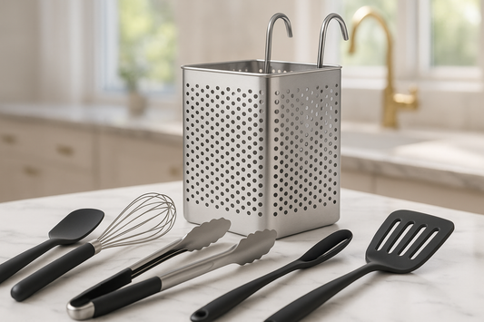 A stylish kitchen scene with elegant black and stainless steel utensils arranged on a marble countertop, with the perforated metal utensil holder visible in the background, all bathed in warm natural light