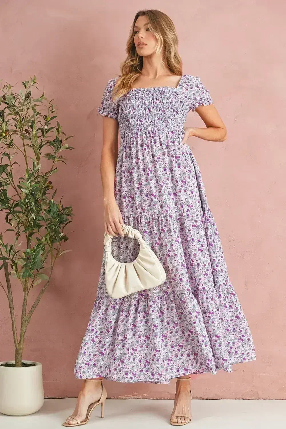 Purple Floral Short Bubble Sleeve Smocked High Waist Maxi Dress