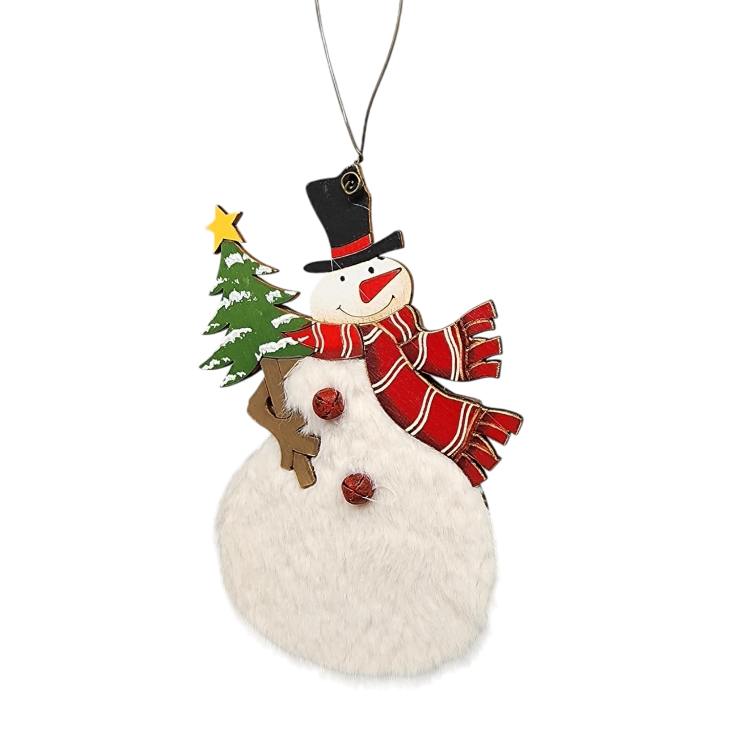Wood and Fur Snowman Ornament - Tophat with Tree