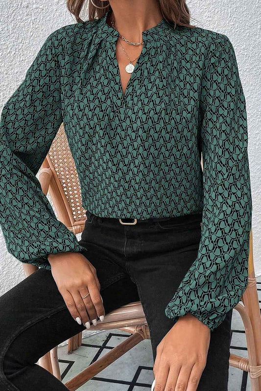 Green Geometric Print Blouse with Notched Neck and Long Sleeves
