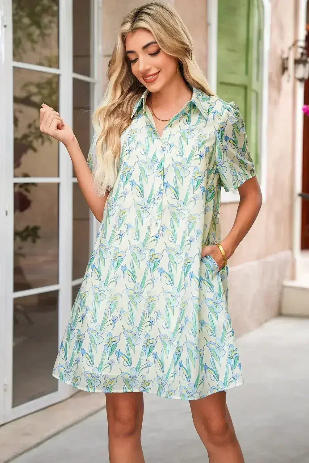 Green Floral Half Button Short Sleeve Mini Dress