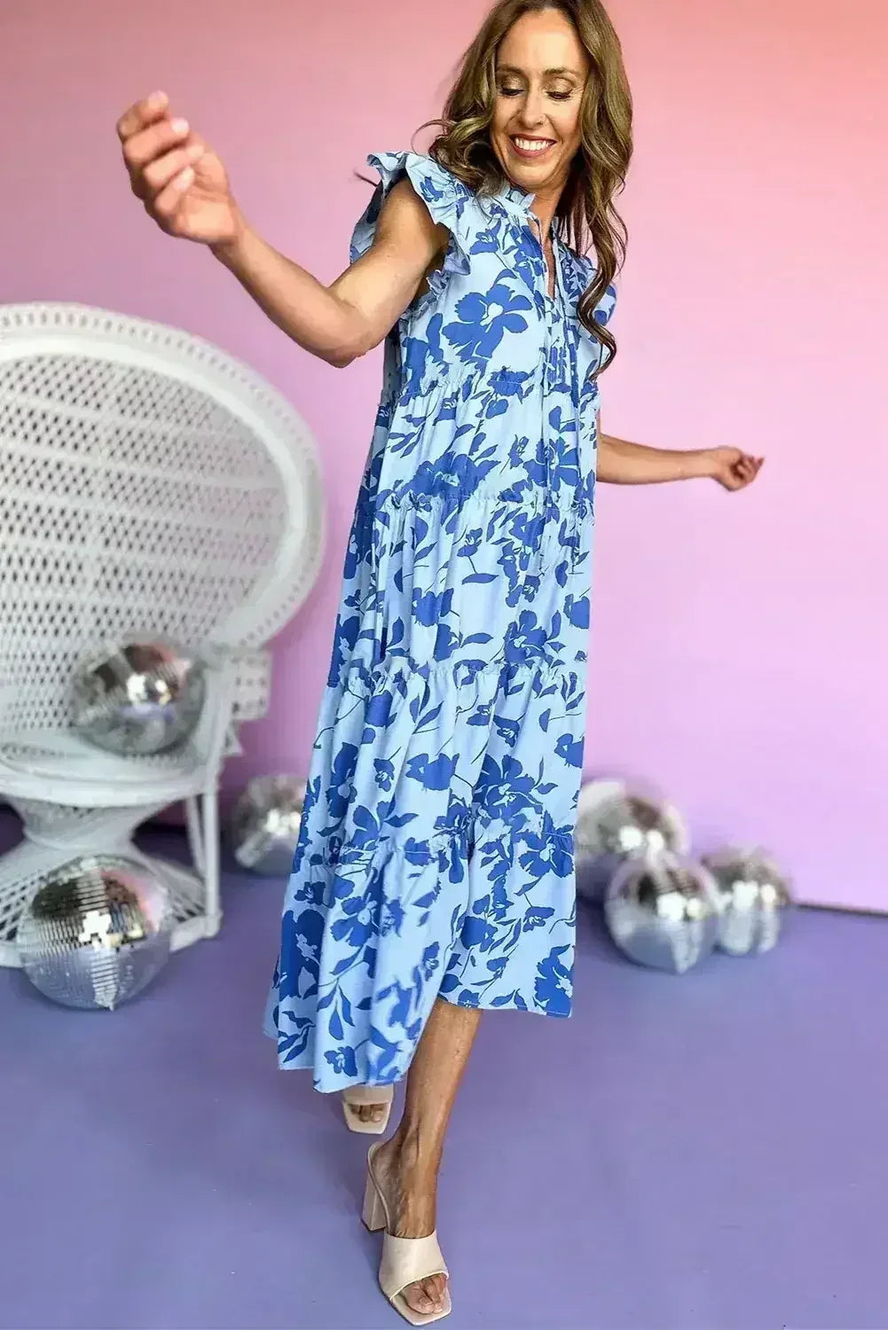 Rose Floral Print Tiered Flutter Sleeve Maxi Dress