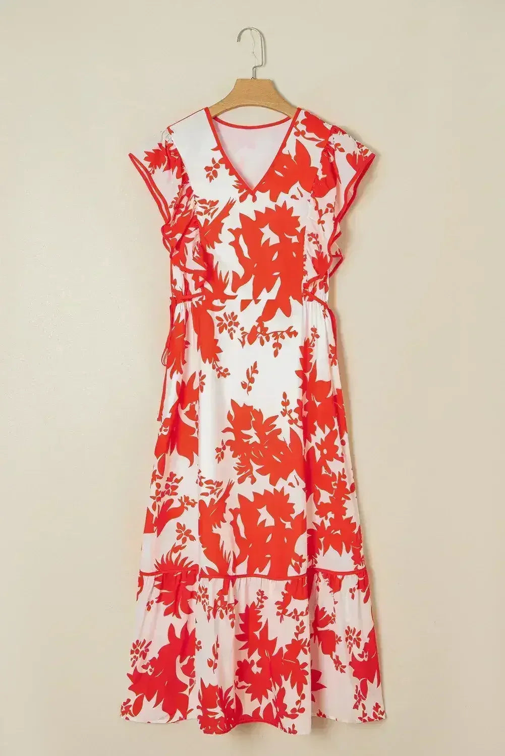 Red Floral Print Trimmed V Neck Ruffle Sleeve Maxi Dress
