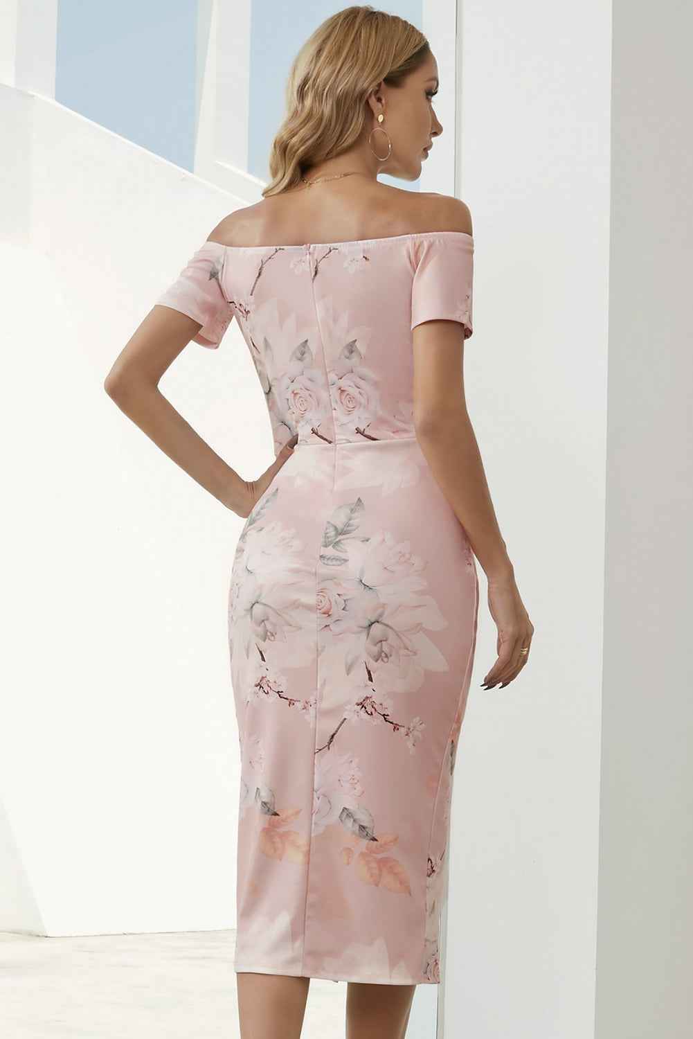 Printed Off-Shoulder Split Dress - Women's Dress