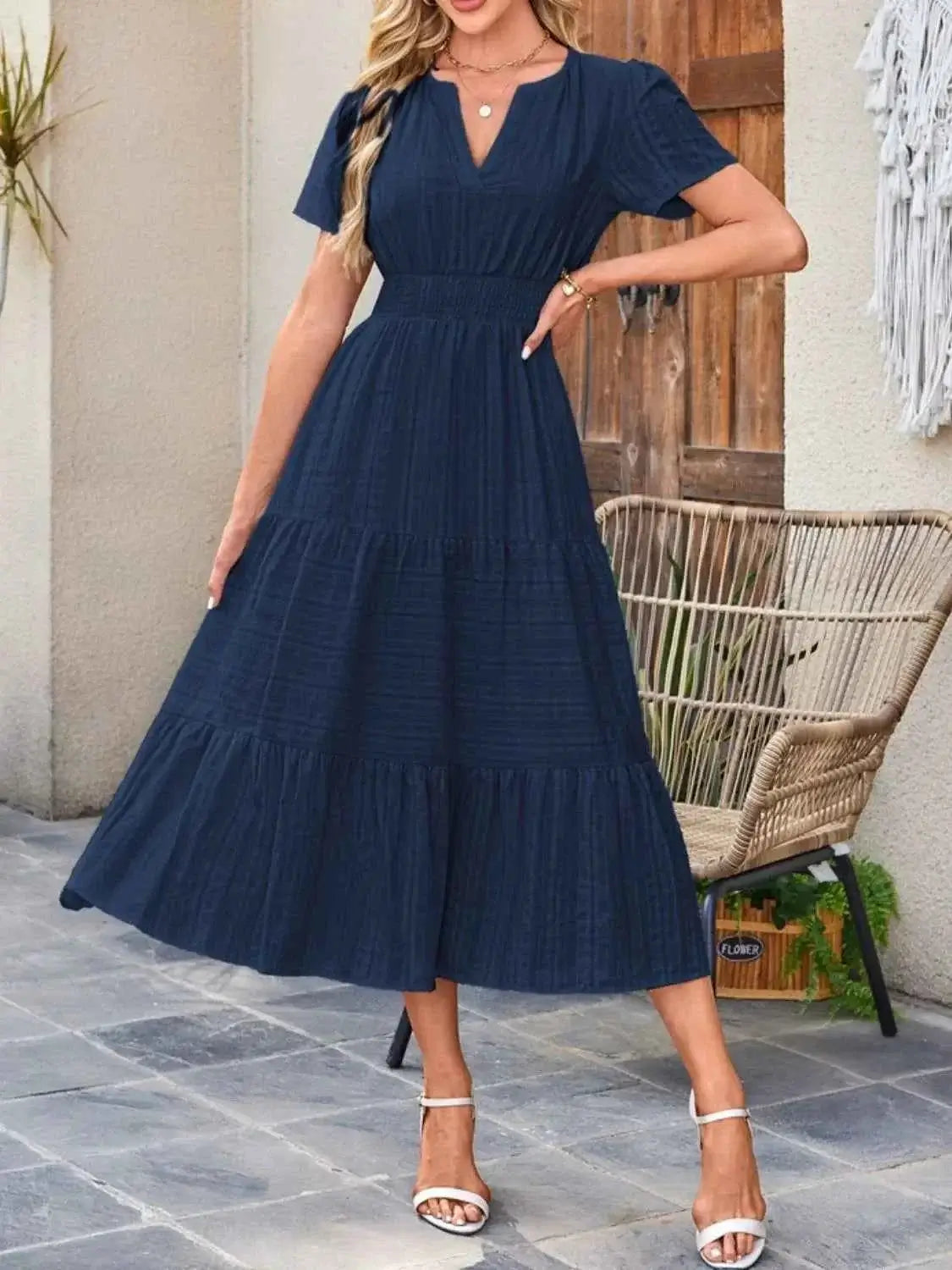 Tiered Notched Short Sleeve Dress