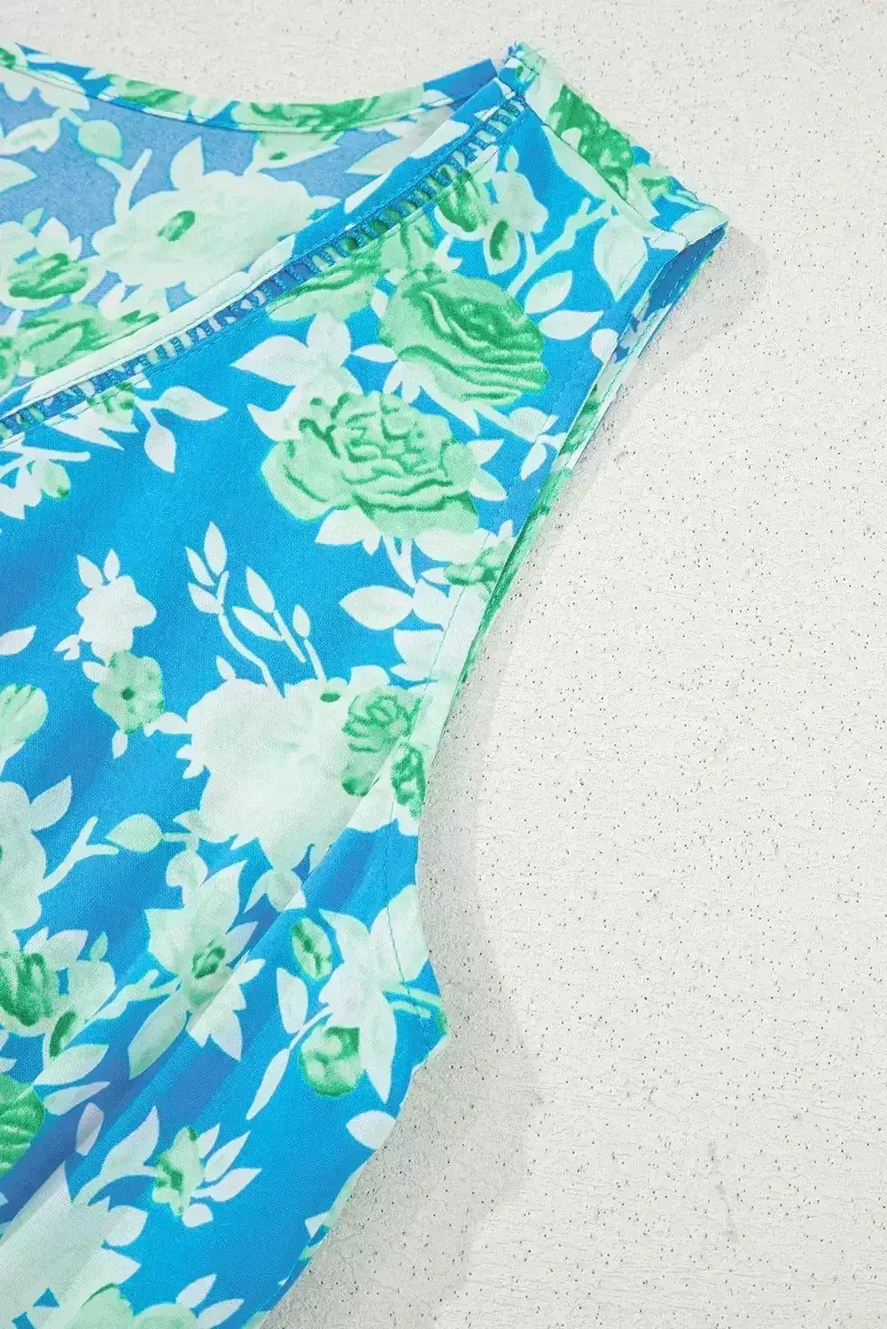 Green Floral Print Trimmed V Neck Sleeveless Vacation Dress