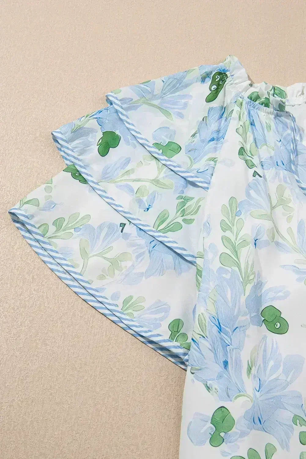 Sky Blue Floral Contrast Edge Ruffle Sleeve Tie Neck Mini Dress
