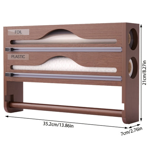 1pc Bamboo Kitchen Wrap Organizer - 4-in-1 Wall Mount Storage for