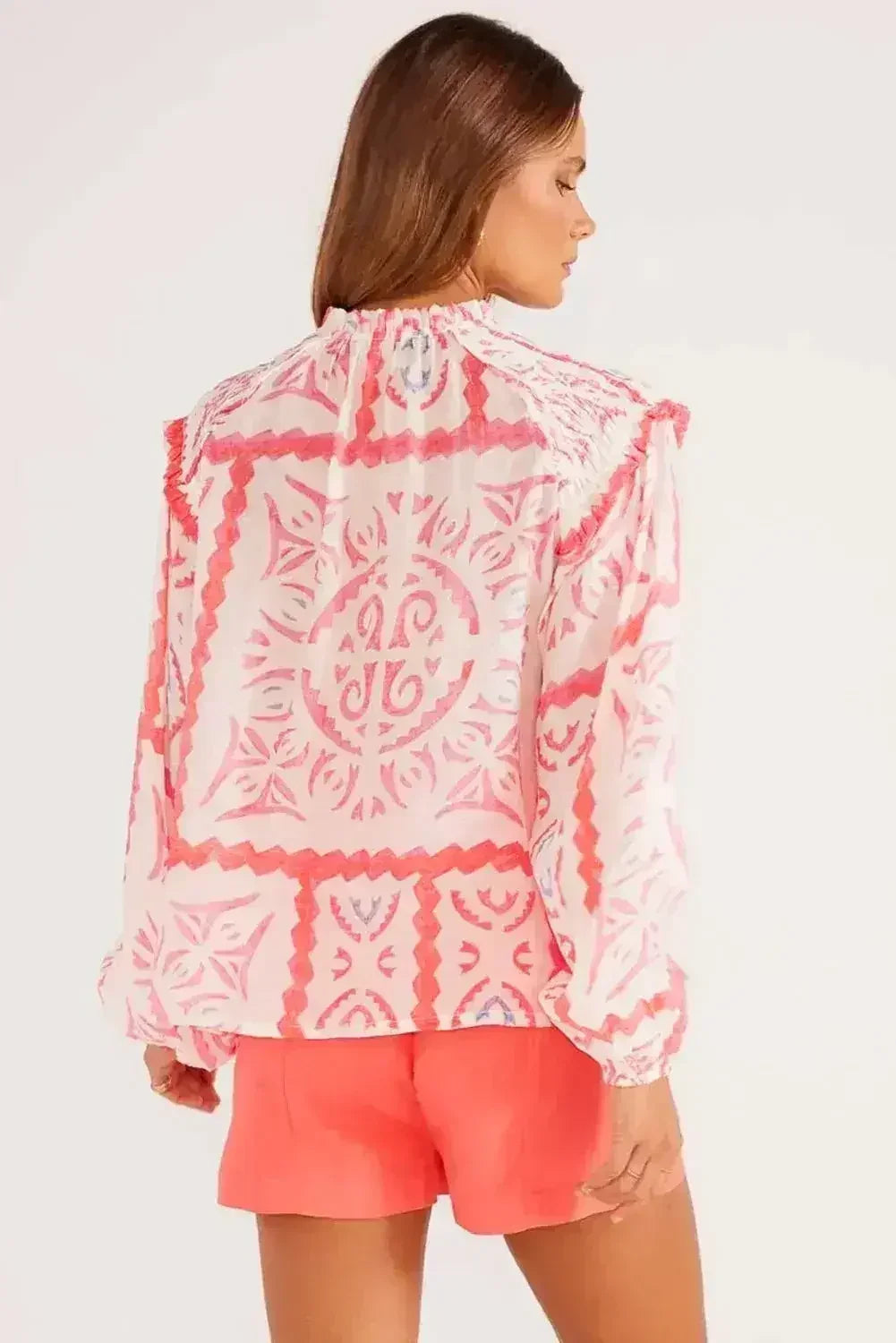 Desert Flower Vintage Print Smocked Poet Collar Blouse | Femstylo