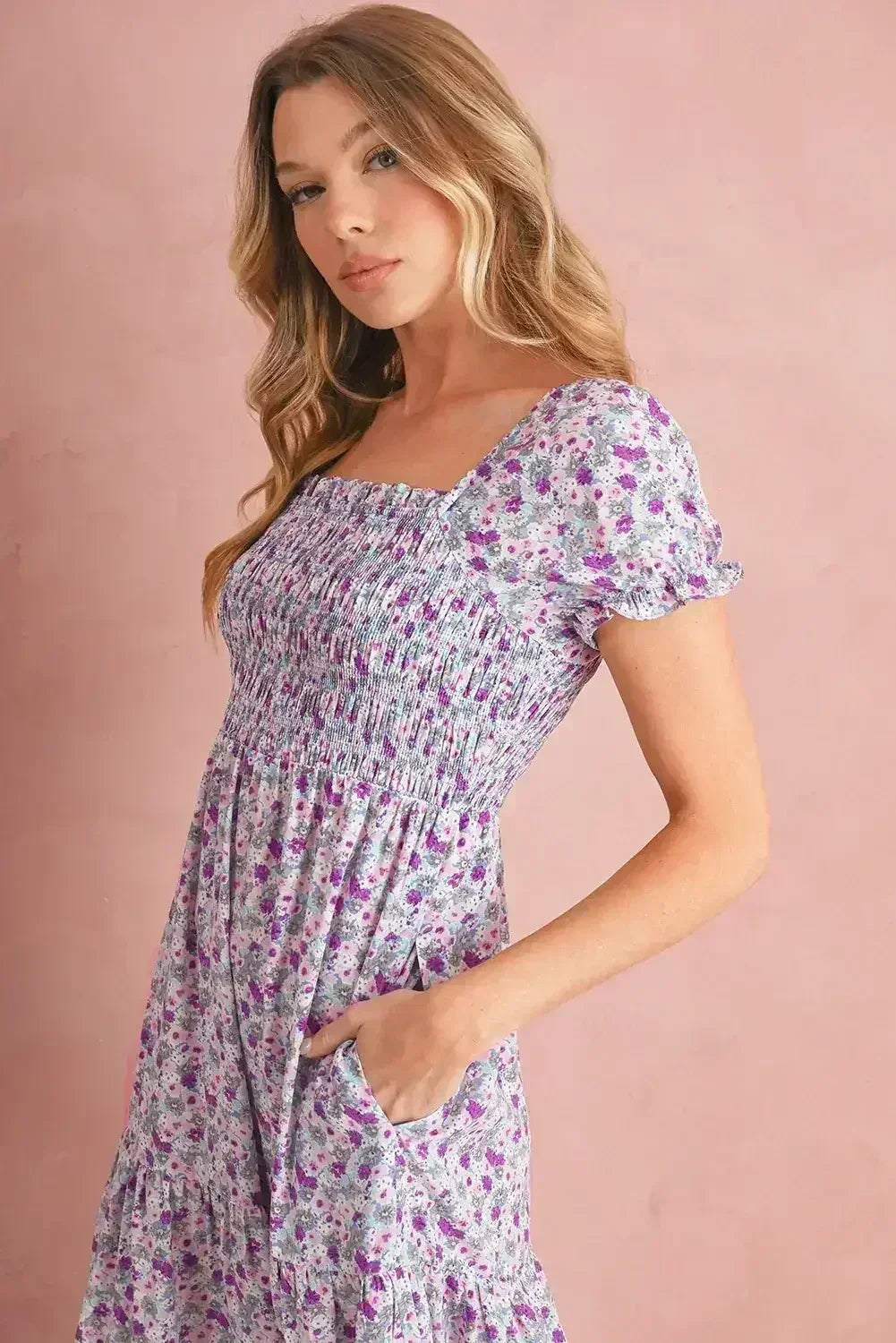 Purple Floral Short Bubble Sleeve Smocked High Waist Maxi Dress